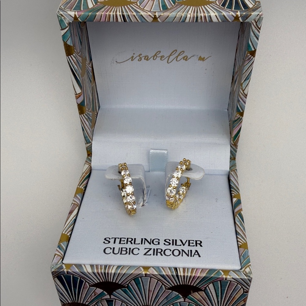 Isabella M Sterling Silver Gold Tone Cubic Zirconia Hoop Earrings Gift Box